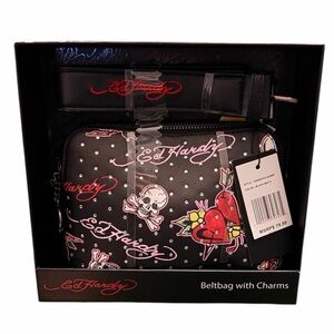 Ed Hardy Rhinestone Black and Red Belt Bag with Skull and Heart Charms NWT